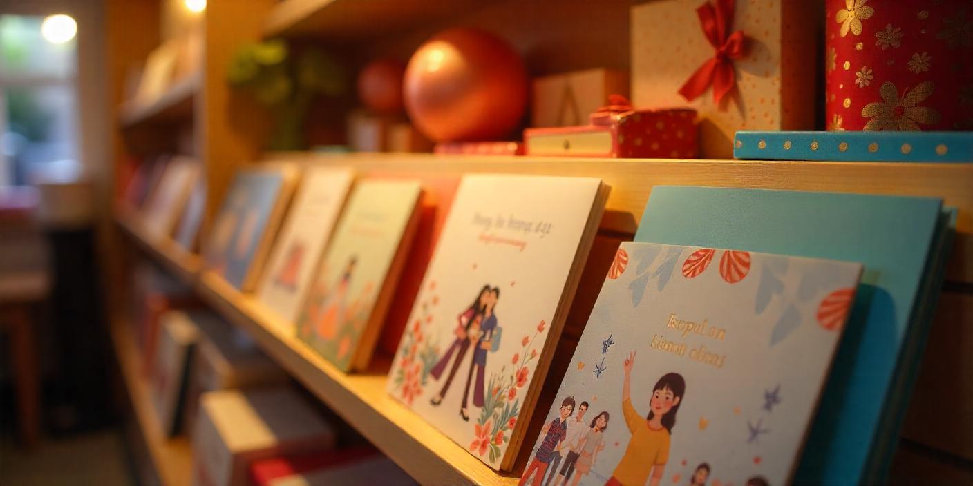 A cozy bookstore or gift shop setting with shelves filled with greeting cards and gift boxes